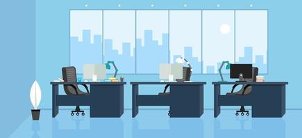oficina de negocios de aprendizaje y enseñanza para trabajar en interiores modernos, gabinete de oficina con ilustración de vector de color de computadora en diseño de vector de estilo de dibujos animados planos