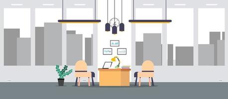 learning and teaching business office to work modern interior, office cabinet with computer colorful vector illustration in flat cartoon style vector design