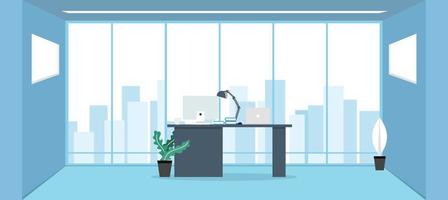 oficina de negocios de aprendizaje y enseñanza para trabajar en interiores modernos, gabinete de oficina con ilustración de vector de color de computadora en diseño de vector de estilo de dibujos animados planos