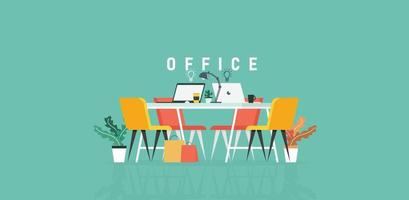 learning and teaching business office to work modern interior, office cabinet with computer colorful vector illustration in flat cartoon style vector design