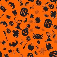 Halloween orange festive seamless pattern. Endless background with pumpkins, skulls, bats, spiders, ghosts, bones, spider web. vector