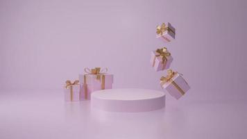 Valentine's Day and mother day interior with pink gift boxes, present. Stand, podium, pedestal. for goods and magazines. Love greeting card presents. 3D render photo