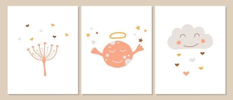 conjunto vectorial de afiches con nube, planeta y rama en estilo boho para niños. decoración de cuarto de niños estilo boho. ilustración de nube sonriente y luna con estrellas. vector