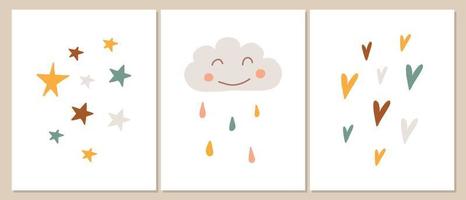 Baby decoration in baby boho style. Vector set of posters with stars, heart and cloud . Hand-drawn stars, heart and cloud in kids boho style.