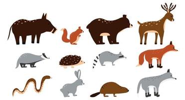 Vector illustration of cute forest animals. Vector set of forest animals. Fox, wolf, hare, raccoon, badger, deer, beaver.