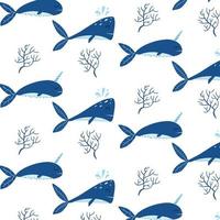 Childrens pattern with blue whales. Patter with cute whale and narwhal. Suitable for fabrics, wrapping papers and prints. vector