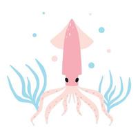 Childrens illustration of squid with seaweed. Hand drawn poster with cute squid in cartoon style. The illustrations are suitable for postcards, labels and posters for the nursery. vector