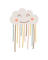 Vector illustration of cute cloud in kids boho style. Cute hand drawn boho cloud with colored rain. Boho style childrens room decoration.