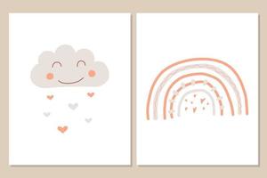 Vector set of posters with rainbow and cloud in baby boho style. Boho style nursery decoration.