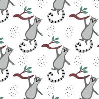 Childrens pattern with lemur hanging on branch. Hand-drawn pattern with cute lemur in cartoon style. vector