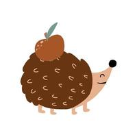 Vector illustration of cute hedgehog with an apple. Hedgehog with an apple in the style of baby boho.