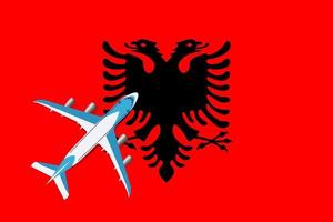 avión y bandera de albania. concepto de viaje para el diseño. concepto de turismo y viajes. vector