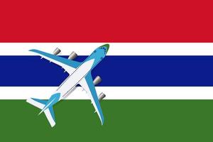 Vector Illustration of a passenger plane flying over the flag of the Gambia. Concept of tourism and travel