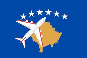 Vector Illustration of a passenger plane flying over the flag of the Republic of Kosovo. Concept of tourism and travel