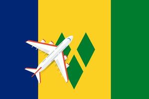 Vector Illustration of a passenger plane flying over the flag of Saint Vincent and the Grenadines. Concept of tourism and travel