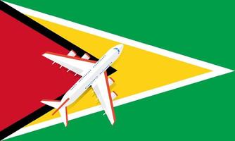 Vector Illustration of a passenger plane flying over the flag of Guyana. Concept of tourism and travel