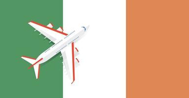 Vector Illustration of a passenger plane flying over the flag of Ireland. Concept of tourism and travel