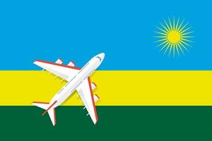 Plane and flag of Rwanda. Travel concept for design. Vector Illustration of a passenger plane flying over the flag of Rwanda. The concept of tourism and travel