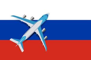 Vector Illustration of a passenger plane flying over the flag of Russia. Concept of tourism and travel