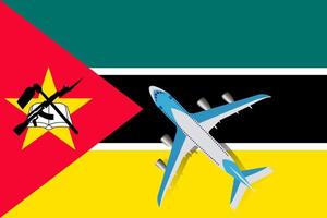 Plane and flag of Mozambique. Travel concept for design. Vector Illustration of a passenger plane flying over the flag of Mozambique. The concept of tourism and travel