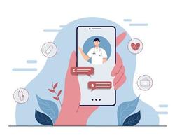 smartphone screen with doctor on chat in messenger and an online consultation. Ask doctor. Online medical advice or consultation service. Vector flat illustration.