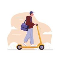 Delivery man on electric scooter. Food deliveries courier, logistics service scooter driver, deliveries work character vector illustration.