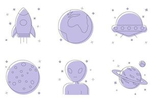 Set of space icons isolated on white background. Rocket, mars, earth, alien vector