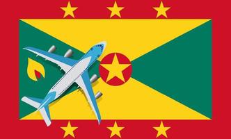 Vector Illustration of a passenger plane flying over the flag of Grenada. Concept of tourism and travel