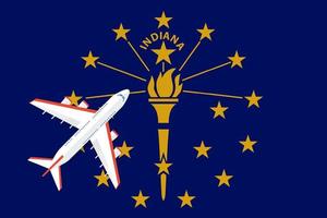 Vector Illustration of a passenger plane flying over the flag of Indiana. Concept of tourism and travel