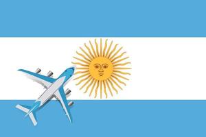 Vector Illustration of a passenger plane flying over the flag of Argentina. The concept of travel and tourism.