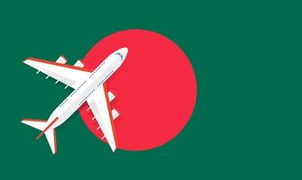 Vector Illustration of a passenger plane flying over the flag of Bangladesh. Concept of tourism and travel