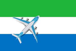 Vector Illustration of a passenger plane flying over the flag of Sierra Leone. Concept of tourism and travel