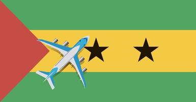 Vector Illustration of a passenger plane flying over the flag of Sao Tome and Principe. Concept of tourism and travel