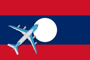 Vector Illustration of a passenger plane flying over the flag of Laos. Concept of tourism and travel