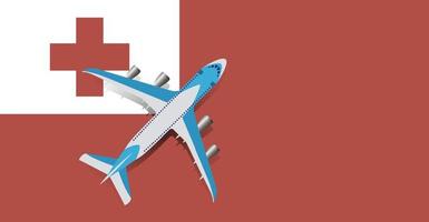 Vector Illustration of a passenger plane flying over the flag of Tonga. Concept of tourism and travel