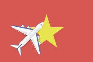 Vector Illustration of a passenger plane flying over the flag of Vietnam. Concept of tourism and travel.