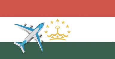 Vector Illustration of a passenger plane flying over the flag of Tajikistan. Concept of tourism and travel