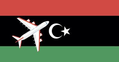 Vector Illustration of a passenger plane flying over the flag of Libya. Concept of tourism and travel