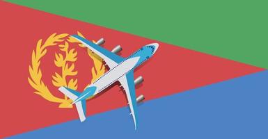 Vector Illustration of a passenger plane flying over the flag of Eritrea. Concept of tourism and travel
