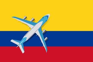 Vector Illustration of a passenger plane flying over the flag of Colombia. Concept of tourism and travel