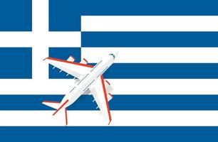 Vector Illustration of a passenger plane flying over the flag of Greece. Concept of tourism and travel