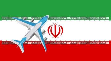 Plane and flag of the Iran. Travel concept for design. Vector Illustration of a passenger plane flying over the flag of Iran.