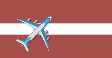 Vector Illustration of a passenger plane flying over the flag of Latvia. Concept of tourism and travel