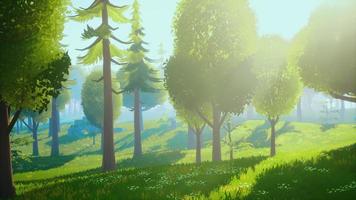 Cartoon Green Forest Landscape with Trees and flowers photo