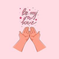 Two hands romantic symbols for valentines day set, my love text. Vector illustration