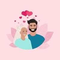 Couple in love, postcard for Valentine's Day. Young woman and man. Vector illustration in flat style