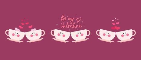 Seth Two cute pink mugs with faces, valentines day. Vector illustration in flat cartoon style