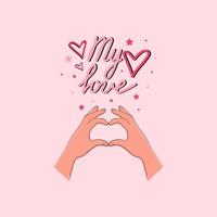 Two hands romantic symbols for valentines day set, my love text. Vector illustration