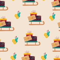 Gift boxes on sledges seamless pattern. Vector print flat cartoon style