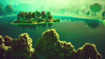 Cartoon Green Forest Landscape with Trees and lake photo
